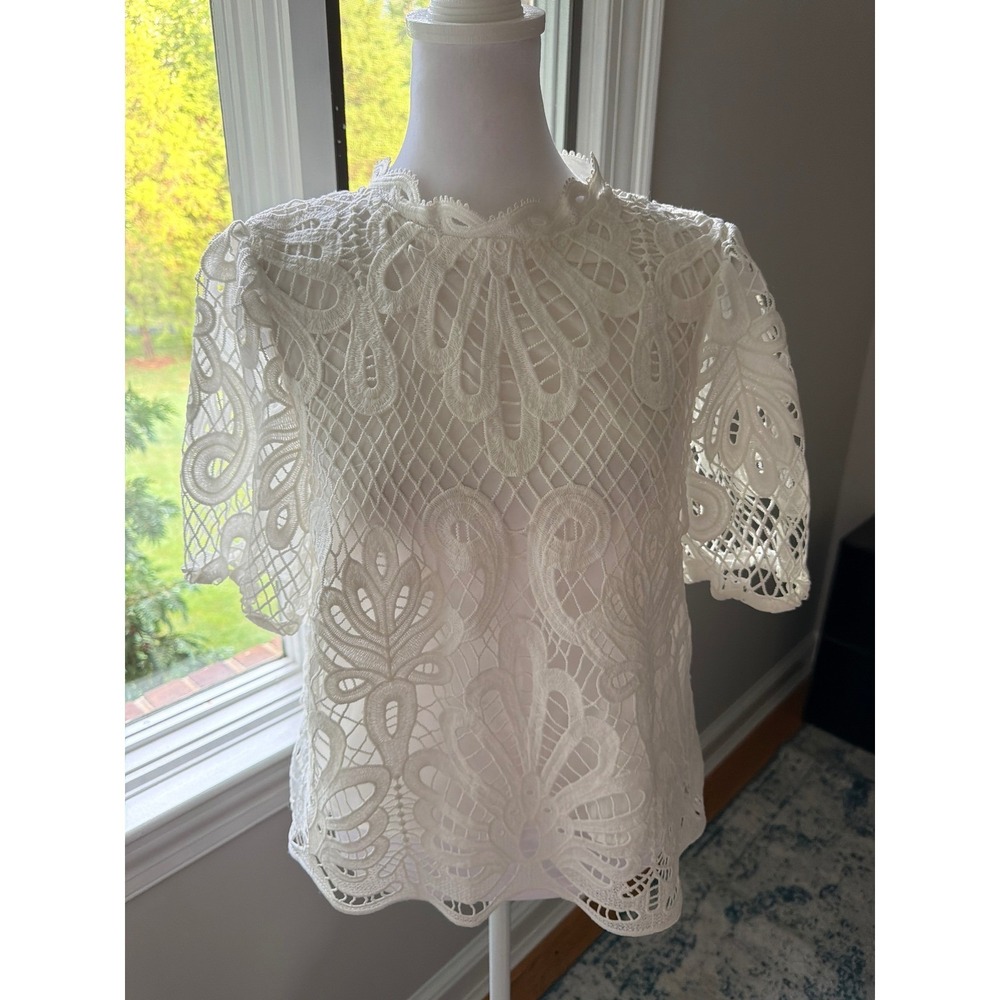 NVLT White Guipure Lace High Neck Short Sleeve Blouse Top Size Medium Floral